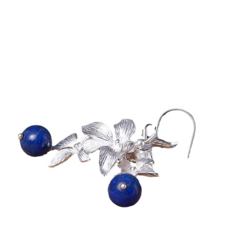 Buddha Stones 925 Sterling Silver Lazurite Lapis Lazuli Ethnic Style Flower Positive Drop Earrings - image 7