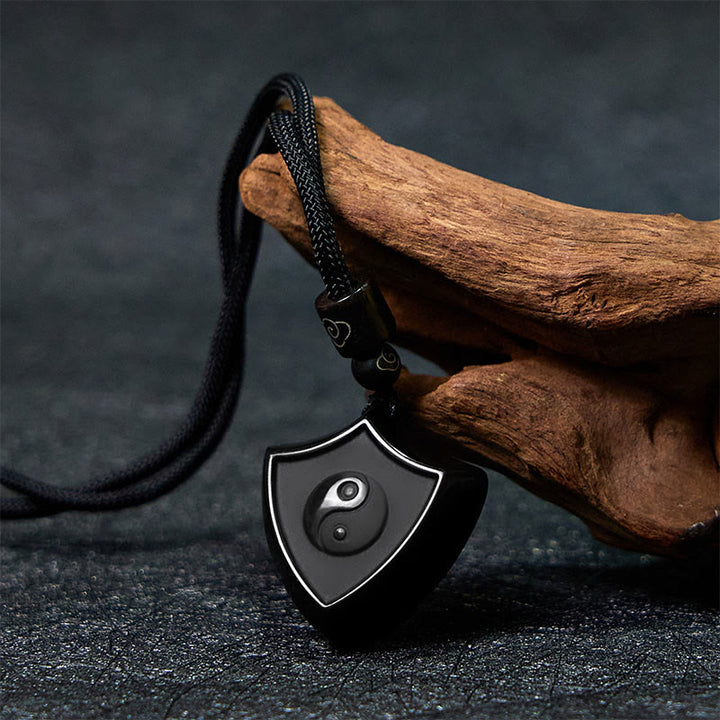 Buddha Stones Black Obsidian Shield Pattern Yin Yang Symbol Strength Necklace Pendant - image 1