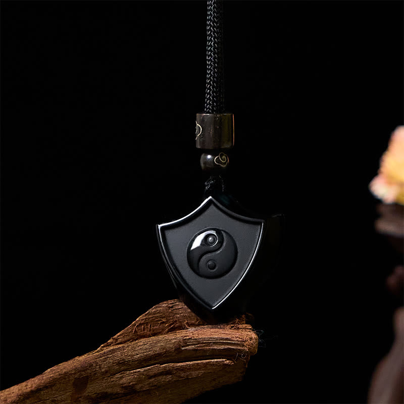 Buddha Stones Black Obsidian Shield Pattern Yin Yang Symbol Strength Necklace Pendant - Shield YIN YANG - image 0