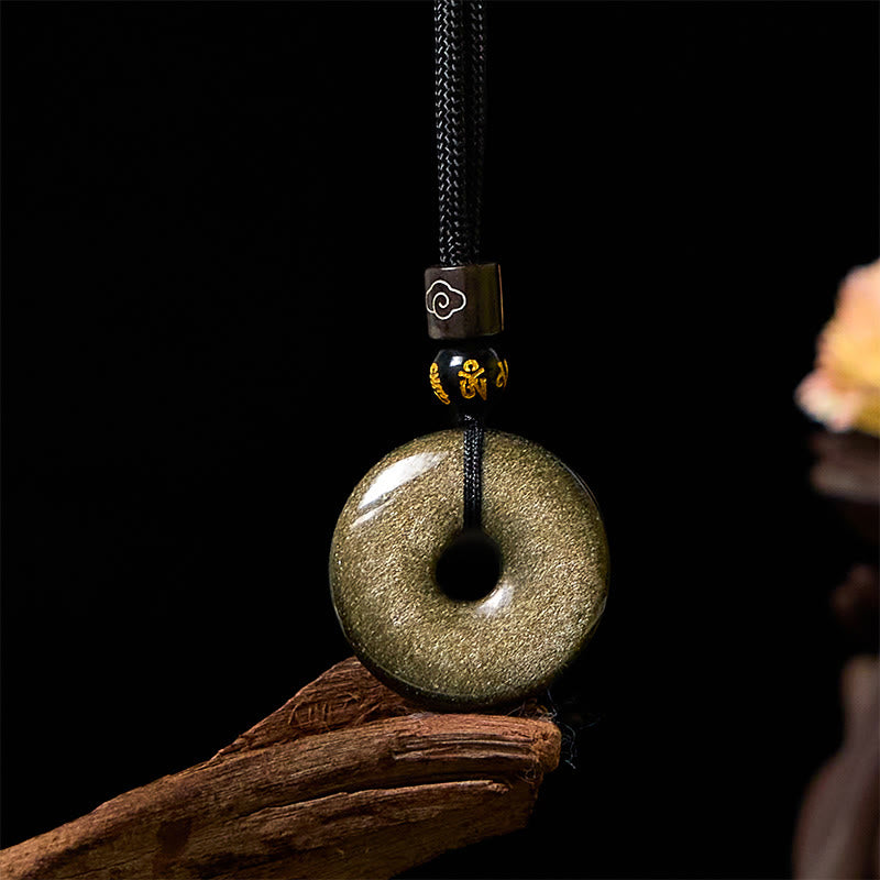 Buddha Stones Natural Gold Sheen Obsidian Peace Buckle Strengthen Necklace Pendant - Gold Sheen Obsidian - image 0