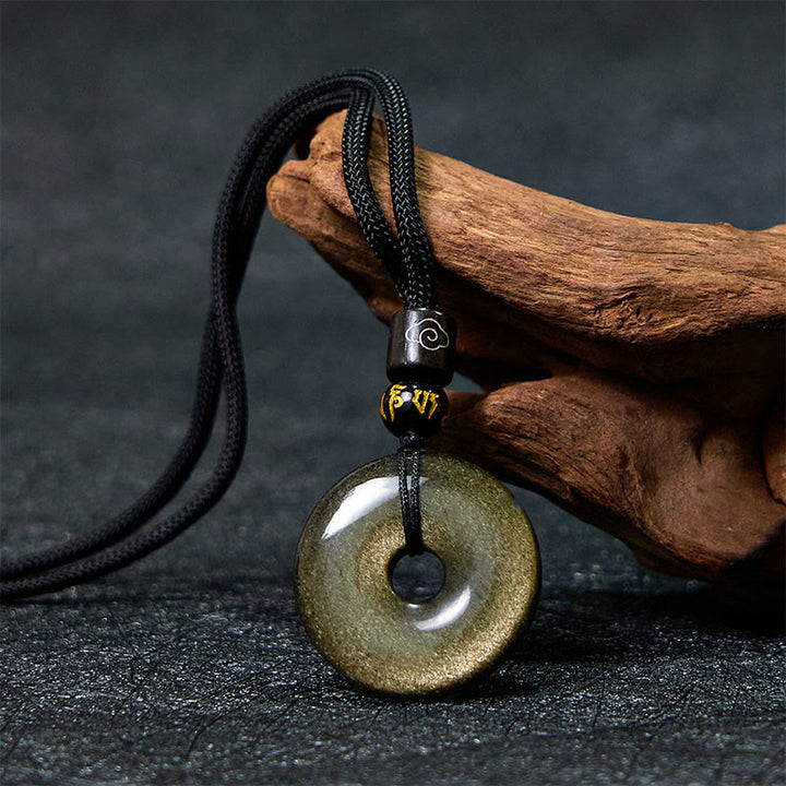 Buddha Stones Natural Gold Sheen Obsidian Peace Buckle Strengthen Necklace Pendant - image 1