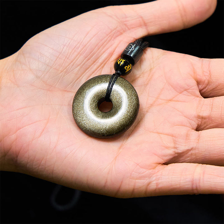 Buddha Stones Natural Gold Sheen Obsidian Peace Buckle Strengthen Necklace Pendant - image 6