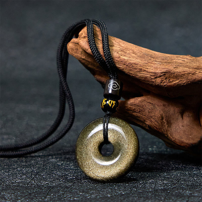 Buddha Stones Natural Gold Sheen Obsidian Peace Buckle Strengthen Necklace Pendant - image 2