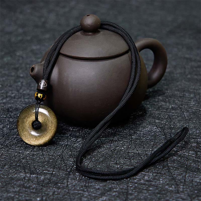 Buddha Stones Natural Gold Sheen Obsidian Peace Buckle Strengthen Necklace Pendant - image 5