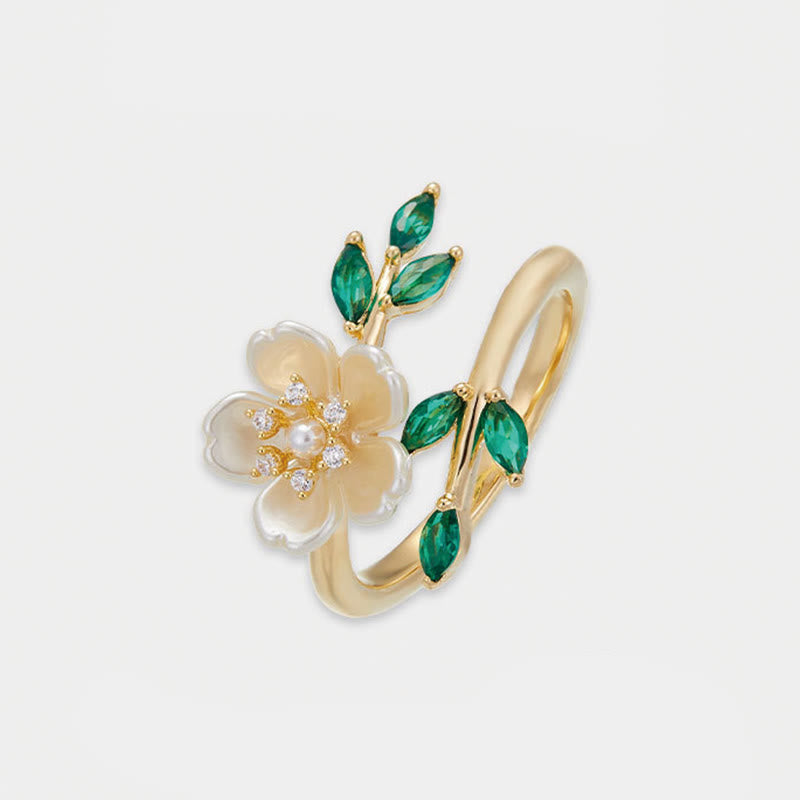 Buddha Stones Pearl Flower Zircon Leaves Happiness Wealth Adjustable Ring - image 5
