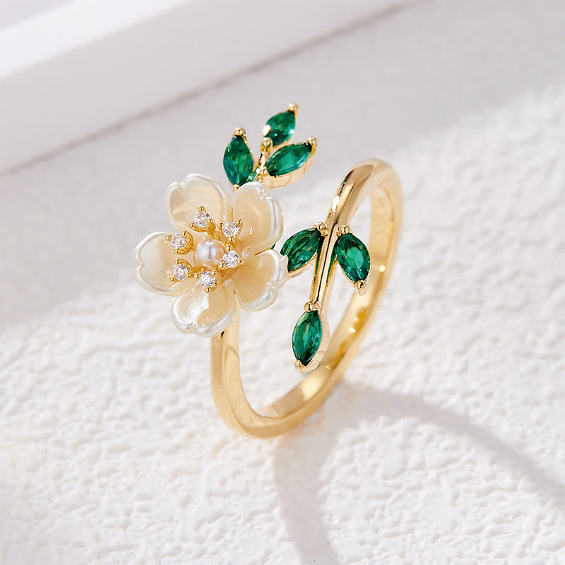 Buddha Stones Pearl Flower Zircon Leaves Happiness Wealth Adjustable Ring - image 1