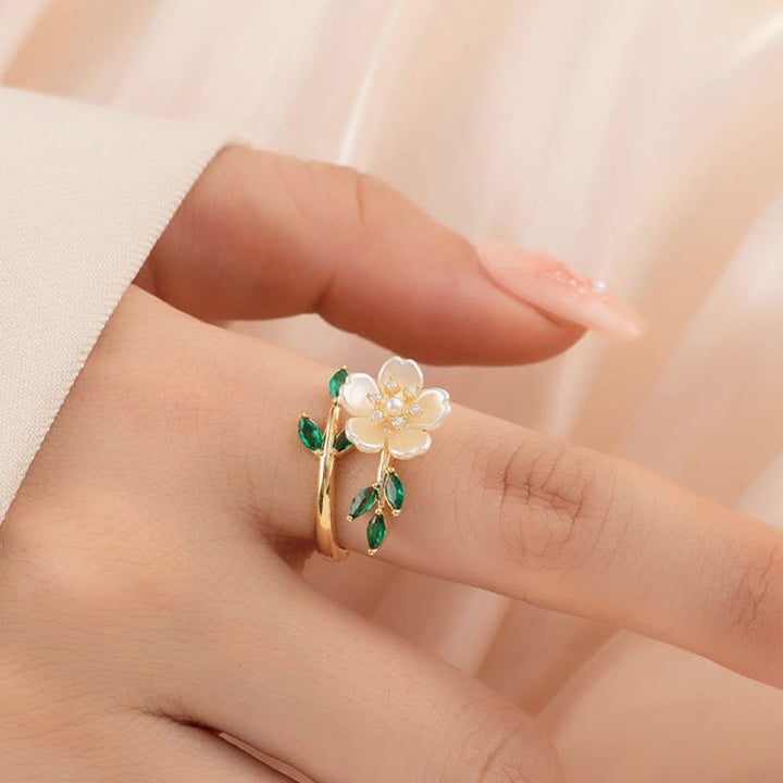 Buddha Stones Pearl Flower Zircon Leaves Happiness Wealth Adjustable Ring - Copper(Ring Inner Diameter: 18mm) - image 0