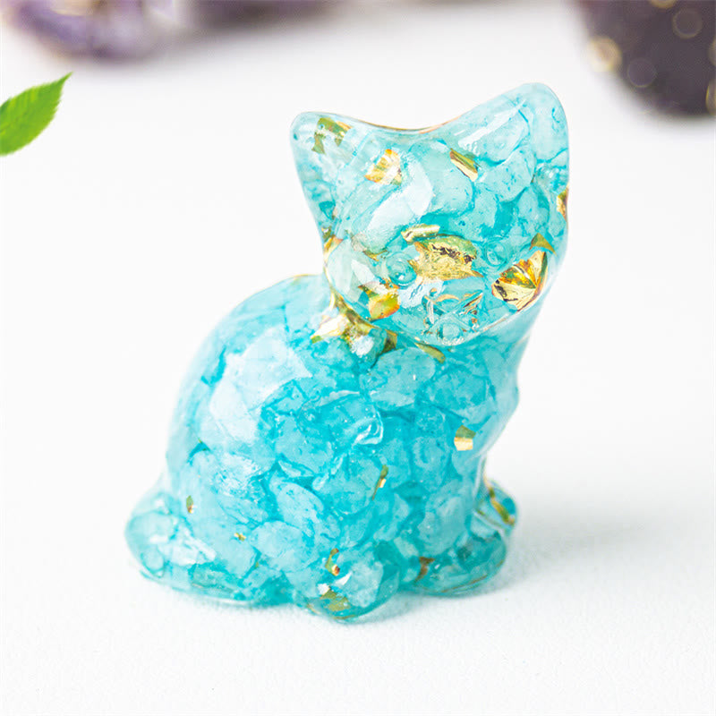 Buddha Stones Sitting Cat  Resin Gravel Pink Crystal Citrine White Crystal Lapis Lazuli Soothing Desktop Decoration - Aquamarine - About 3.2*3.3*4cm - image 7