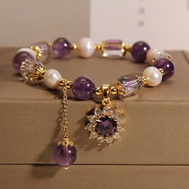 Buddha Stones Natural Amethyst Pearl Sunflower Communication Bracelet - Amethyst(Wrist Circumference: 15-17cm) - image 0