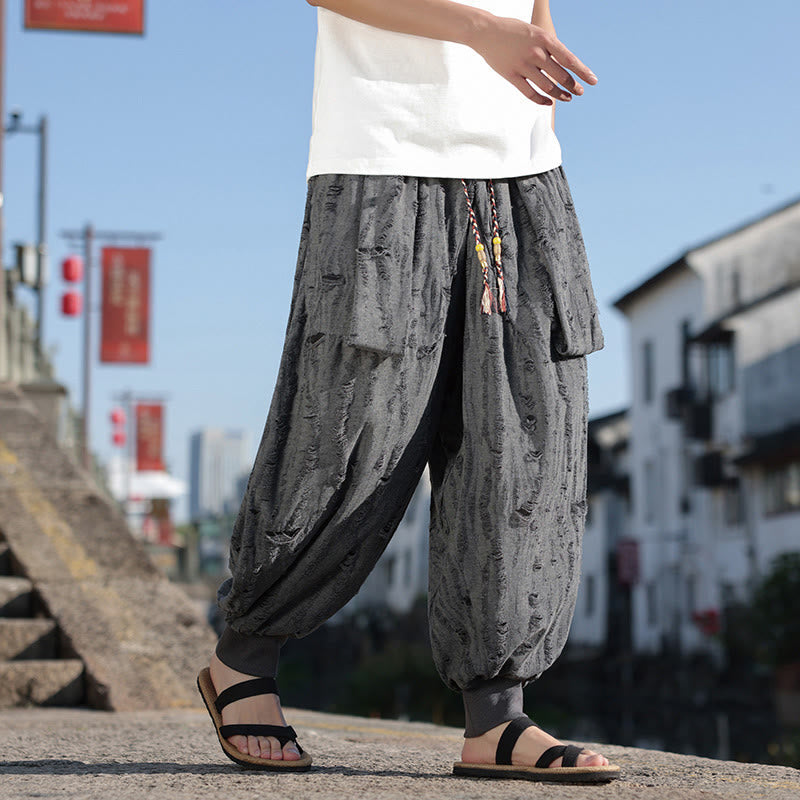 Buddha Stones Solid Color Hole Design Drawstring Cotton Men's Wide Leg Pants With Pockets - image 1