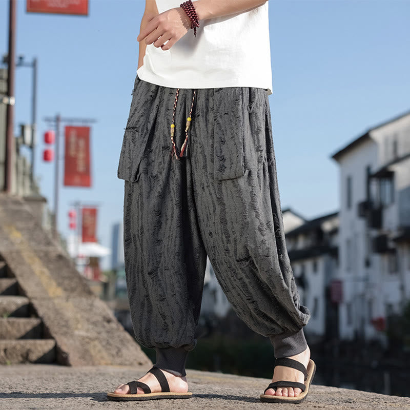 Buddha Stones Solid Color Hole Design Drawstring Cotton Men's Wide Leg Pants With Pockets - Gray - US/UK/AU46，EU56 (5XL) - image 0