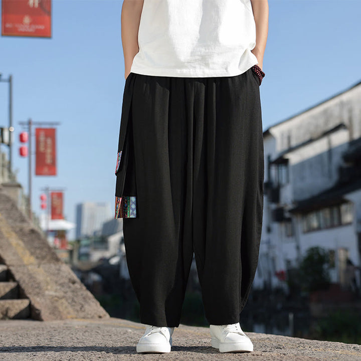 Buddha Stones Simple Patchwork Design Drawstring Cotton Men's Wide Leg Pants With Pockets - Black - US/UK/AU46，EU56 (5XL) - image 0