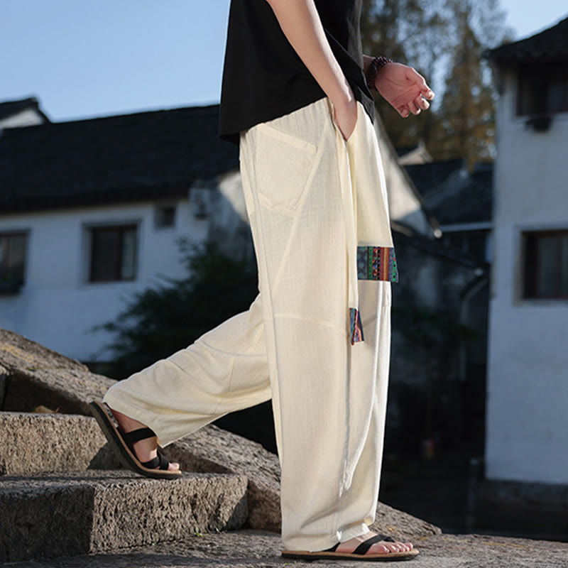 Buddha Stones Simple Patchwork Design Drawstring Cotton Men's Wide Leg Pants With Pockets - image 33