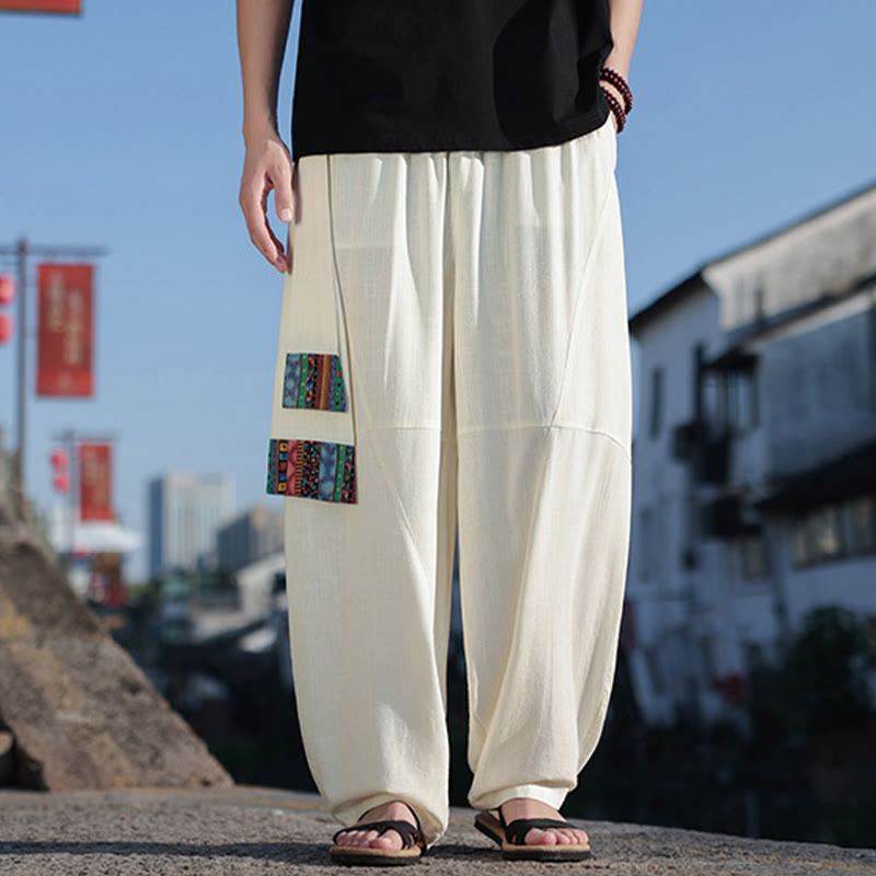 Buddha Stones Simple Patchwork Design Drawstring Cotton Men's Wide Leg Pants With Pockets - image 27