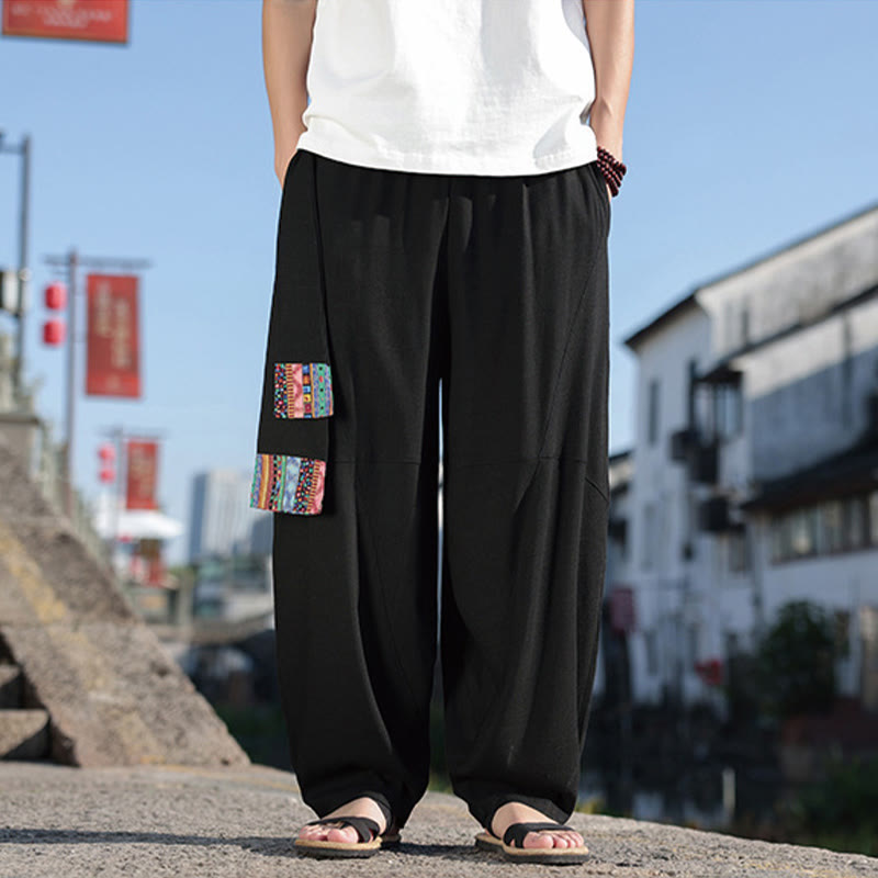 Buddha Stones Simple Patchwork Design Drawstring Cotton Men's Wide Leg Pants With Pockets - image 2