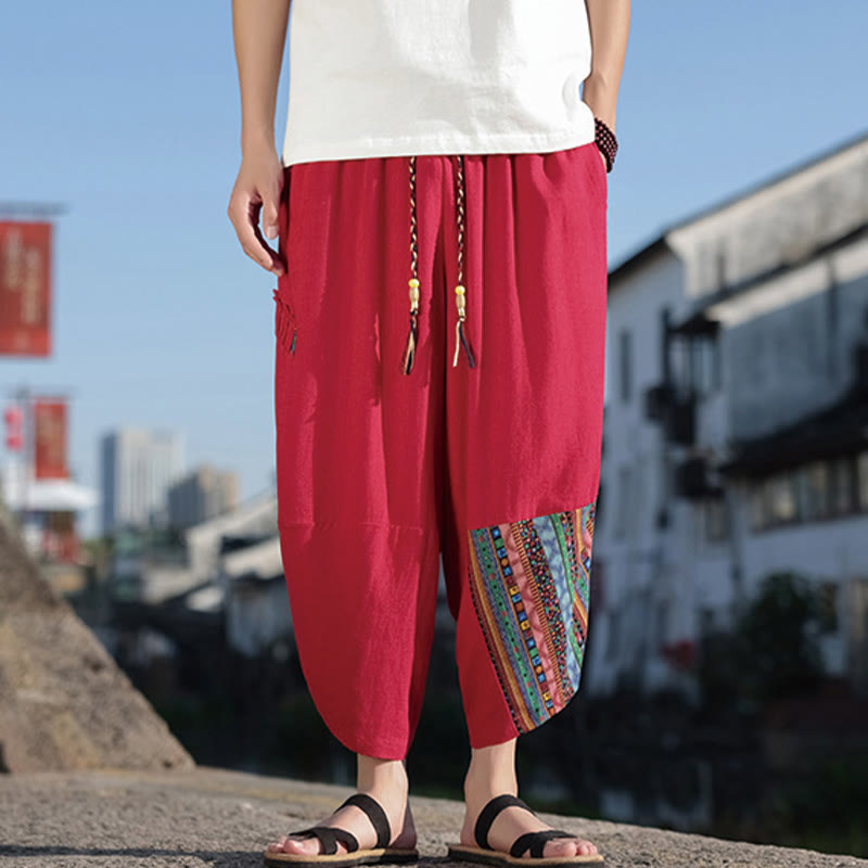 Buddha Stones Bohemian Patchwork Pattern Cotton Drawstring Men's Wide Leg Pants With Pockets - image 16
