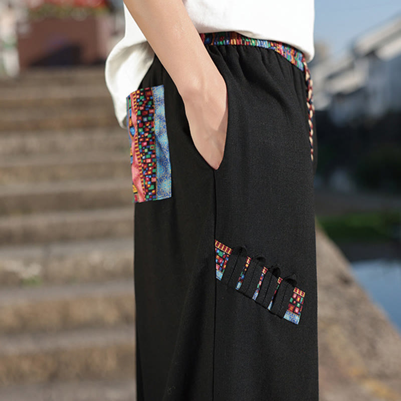 Buddha Stones Bohemian Patchwork Pattern Cotton Drawstring Men's Wide Leg Pants With Pockets - image 12