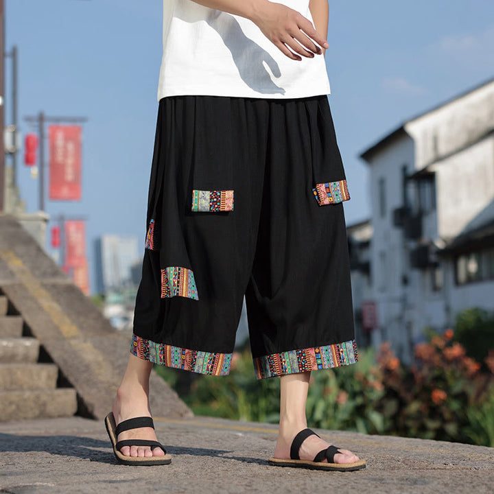 Buddha Stones Summer Ethnic 7-8 Length Cropped Cotton Men's Wide Leg Pants With Pockets - image 4