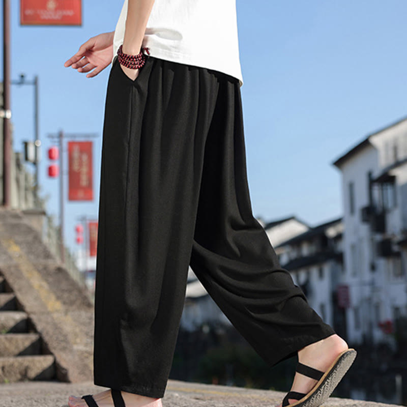 Buddha Stones Simple Patchwork Design Drawstring Soft Cotton Men's Wide Leg Pants With Pockets - image 12