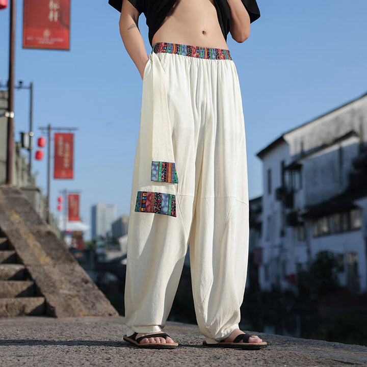 Buddha Stones Simple Patchwork Design Drawstring Soft Cotton Men's Wide Leg Pants With Pockets - image 7