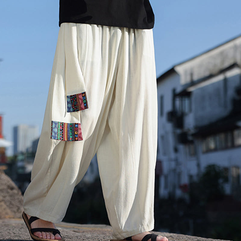 Buddha Stones Simple Patchwork Design Drawstring Soft Cotton Men's Wide Leg Pants With Pockets - image 6