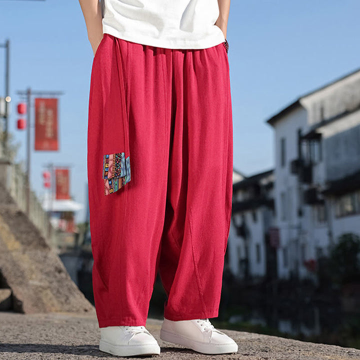 Buddha Stones Simple Patchwork Design Drawstring Soft Cotton Men's Wide Leg Pants With Pockets - image 31