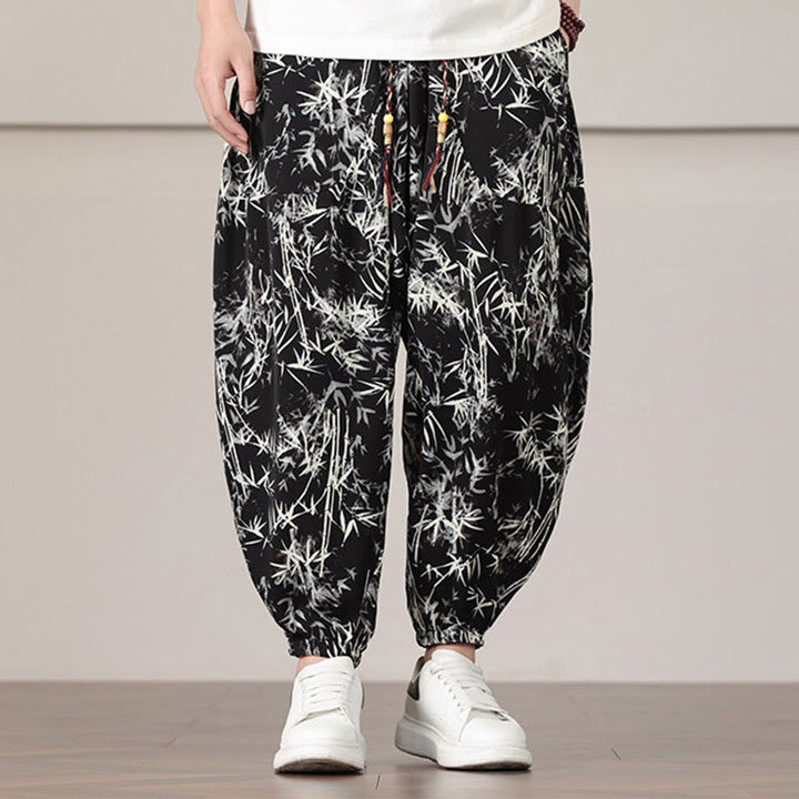 Buddha Stones Bamboo Leaf Pattern Drawstring Men's Harem Pants With Pockets - image 12