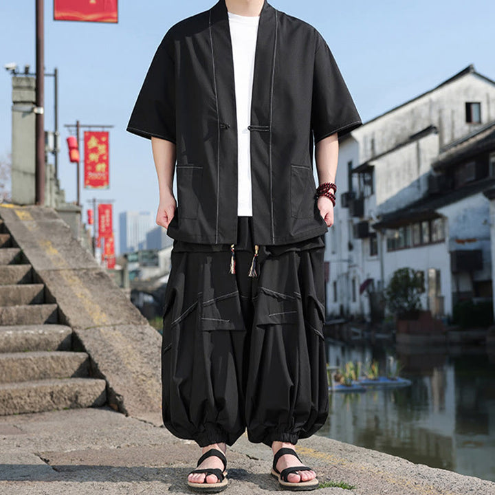 Buddha Stones 2Pcs Black Frog-Button Cotton Men's Kimono Jacket Drawstring Wide Leg Pants With Pockets - Black - US/UK/AU46，EU56 (5XL) - image 0