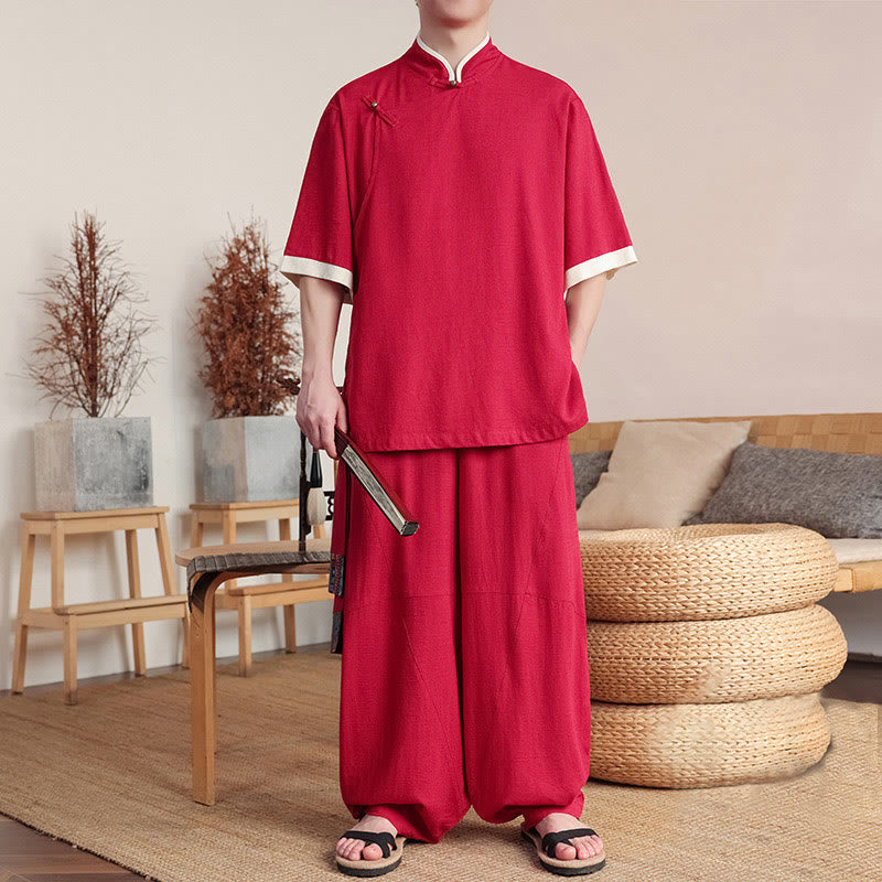 Buddha Stones 2Pcs Chinese Frog-button Men's Shirt Wide Leg Pants Meditation Cloth Set - image 8
