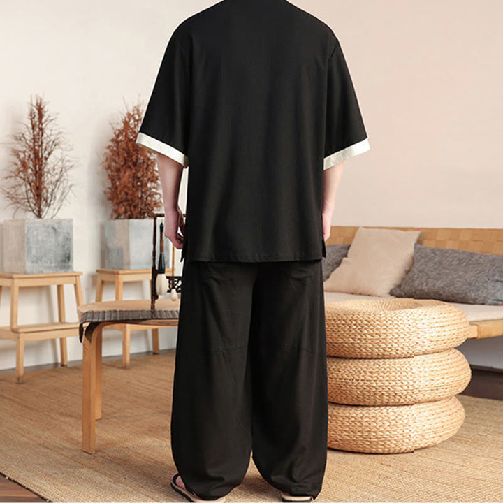 Buddha Stones 2Pcs Chinese Frog-button Men's Shirt Wide Leg Pants Meditation Cloth Set - image 2