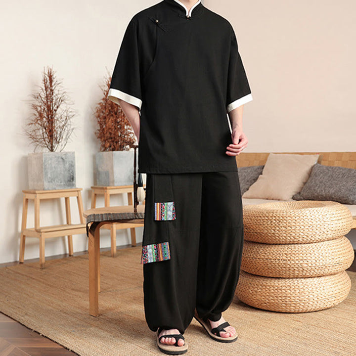 Buddha Stones 2Pcs Chinese Frog-button Men's Shirt Wide Leg Pants Meditation Cloth Set - image 1
