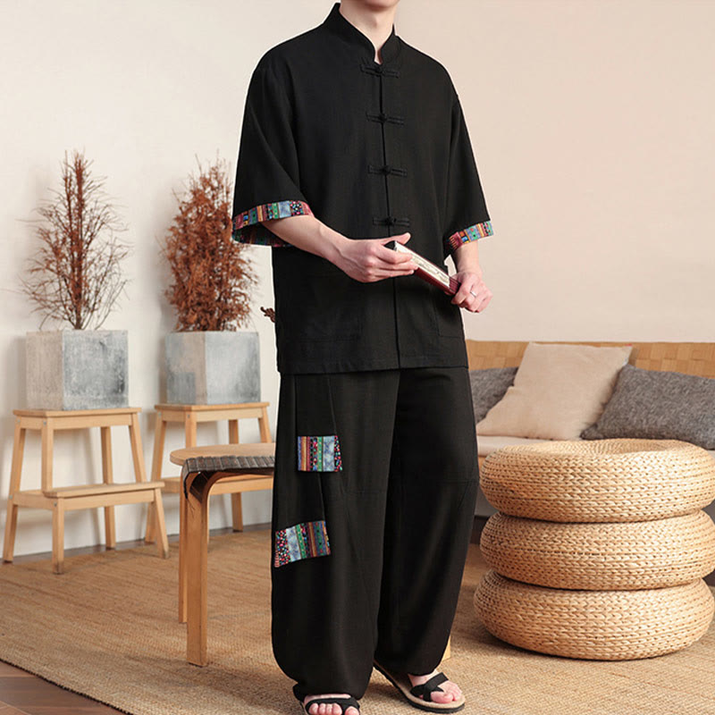 Buddha Stones 2Pcs Patchwork Chinese Frog-Button Shirt Wide Leg Pants Men's Meditation Cloth Set With Pockets - image 13