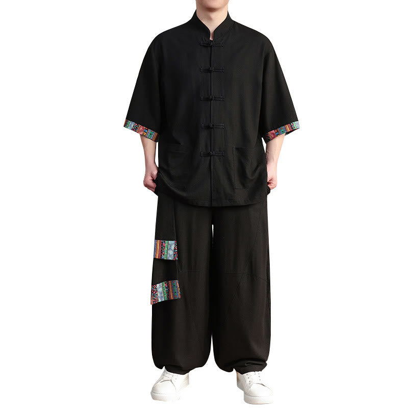 Buddha Stones 2Pcs Patchwork Chinese Frog-Button Shirt Wide Leg Pants Men's Meditation Cloth Set With Pockets - image 18