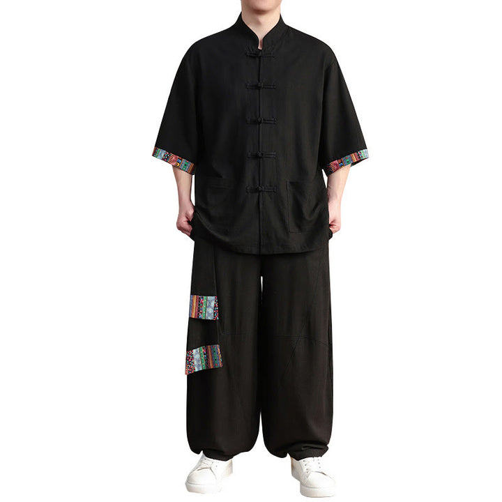 Buddha Stones 2Pcs Patchwork Chinese Frog-Button Shirt Wide Leg Pants Men's Meditation Cloth Set With Pockets - image 18