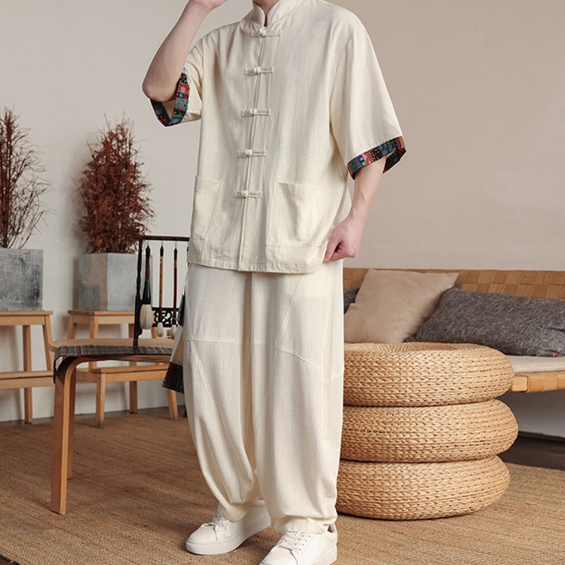 Buddha Stones 2Pcs Patchwork Chinese Frog-Button Shirt Wide Leg Pants Men's Meditation Cloth Set With Pockets - image 5