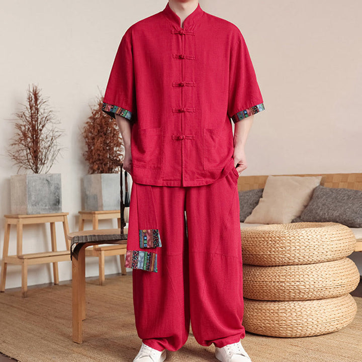 Buddha Stones 2Pcs Patchwork Chinese Frog-Button Shirt Wide Leg Pants Men's Meditation Cloth Set With Pockets - image 24