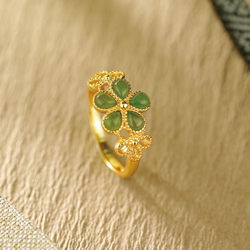 Buddha Stones Natural Hetian Jade 925 Sterling Silver Plated Gold Flower Adjustable Prosperity Ring - image 7