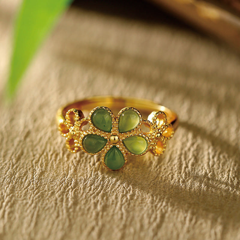 Buddha Stones Natural Hetian Jade 925 Sterling Silver Plated Gold Flower Adjustable Prosperity Ring - Hetian Jade - image 0