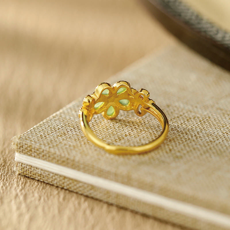 Buddha Stones Natural Hetian Jade 925 Sterling Silver Plated Gold Flower Adjustable Prosperity Ring - image 1