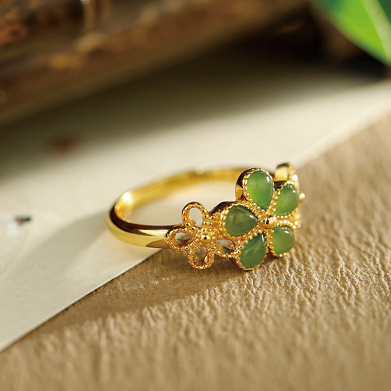 Buddha Stones Natural Hetian Jade 925 Sterling Silver Plated Gold Flower Adjustable Prosperity Ring - image 6
