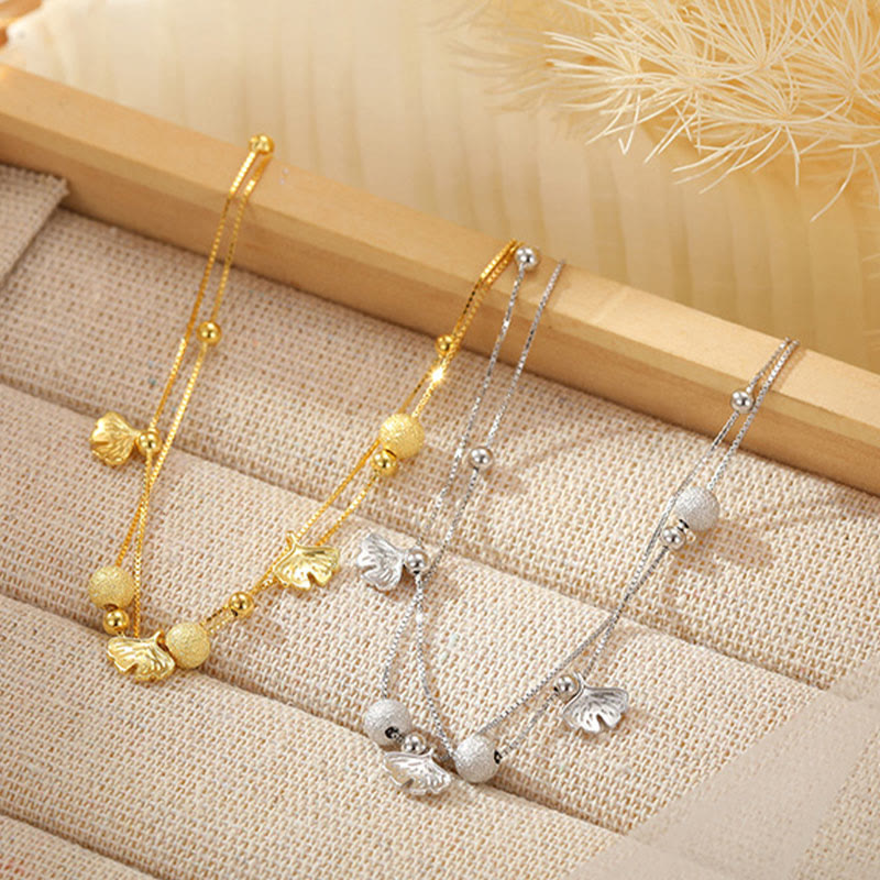 Buddha Stones 925 Sterling Silver Ginkgo Leaf Double Layer Protection Anklet - image 1