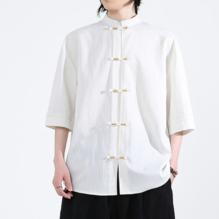 Buddha Stones Pure Color Frog-Button Half Sleeve Linen Men's Shirt - image 5