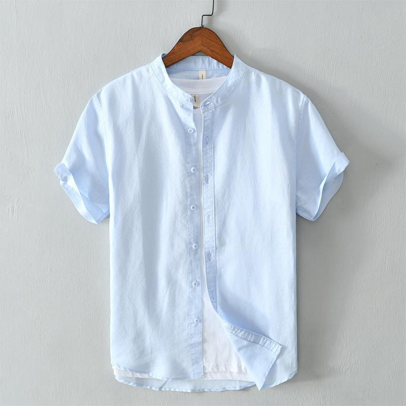 Buddha Stones Simple Style Short Sleeve Button Cotton Linen Men's Shirt - LightSkyBlue - US/UK/AU44，EU54 (4XL) - image 10