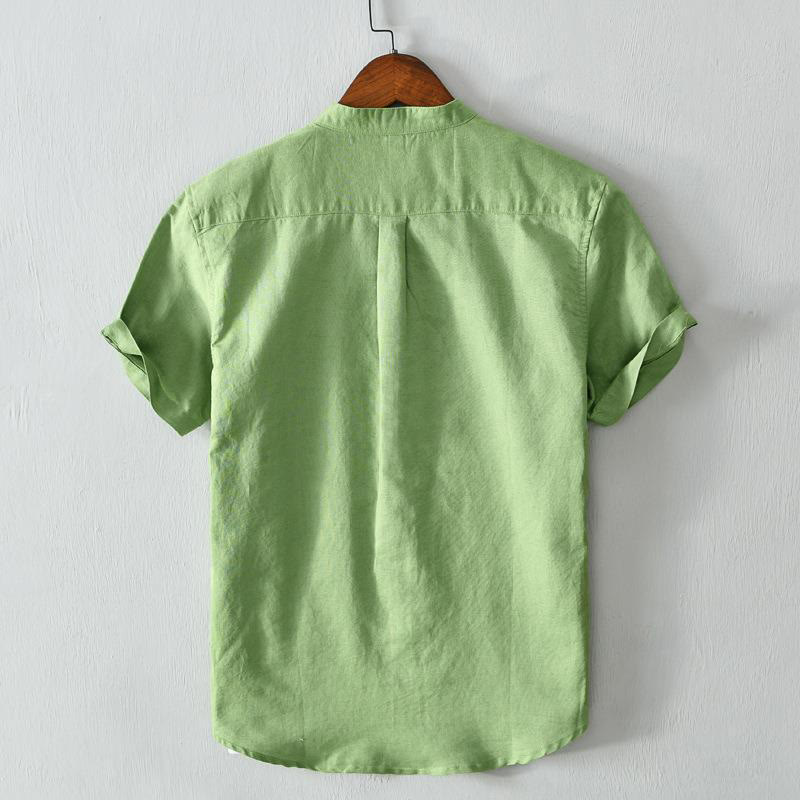 Buddha Stones Simple Style Short Sleeve Button Cotton Linen Men's Shirt - image 1