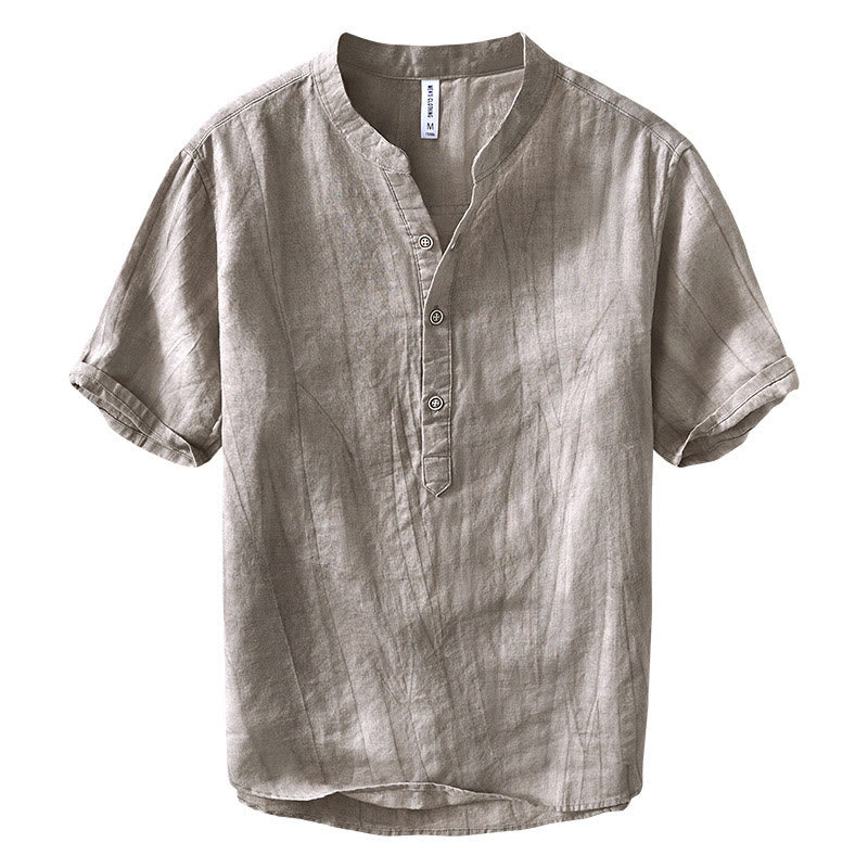 Buddha Stones Half Button Short Sleeve V-neck Ramie Cotton Men's Shirt - image 12