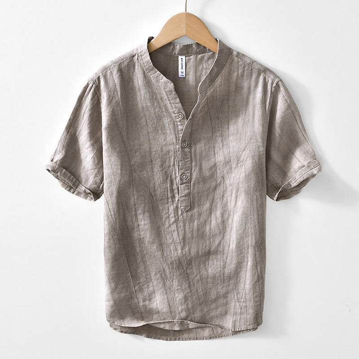 Buddha Stones Half Button Short Sleeve V-neck Ramie Cotton Men's Shirt - DarkKhaki - US/UK/AU44，EU54 (4XL) - image 7