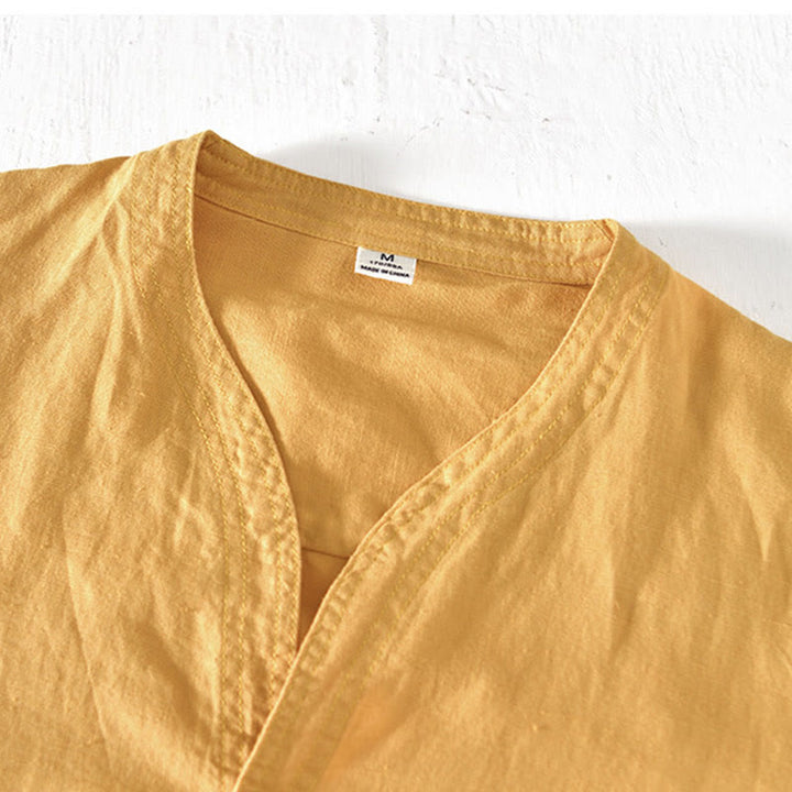 Buddha Stones Summer Stand Collar Short Sleeve Cotton Linen Half Button Men's Shirt - image 14