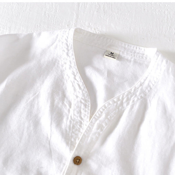 Buddha Stones Summer Stand Collar Short Sleeve Cotton Linen Half Button Men's Shirt - image 8