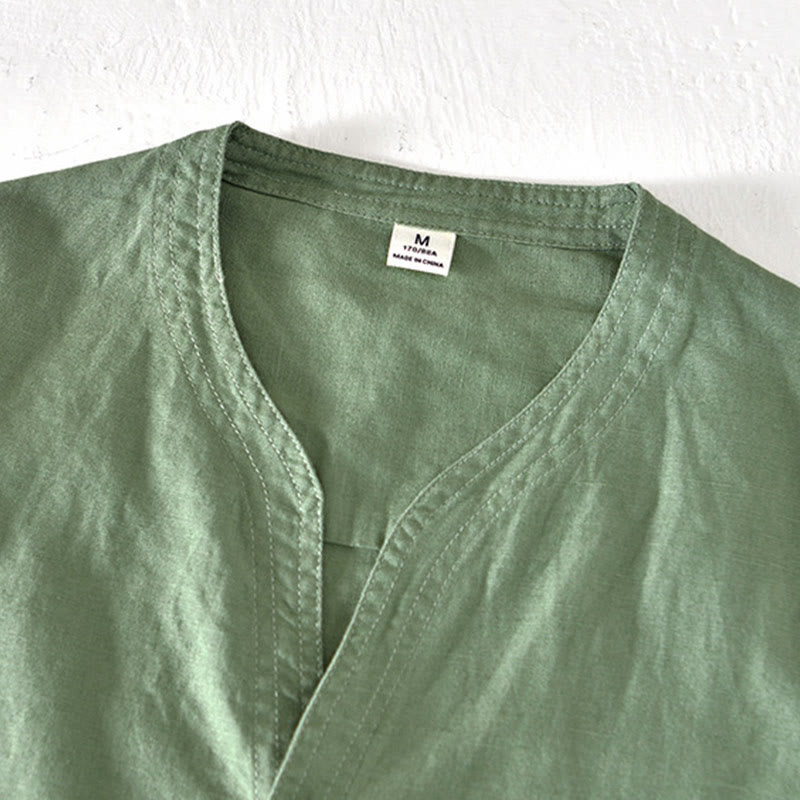 Buddha Stones Summer Stand Collar Short Sleeve Cotton Linen Half Button Men's Shirt - image 1