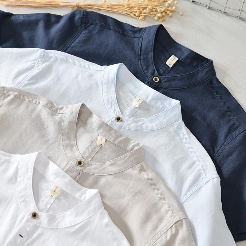 Buddha Stones Causal Simple Design Short Sleeve Cotton Linen Half Button Men's Shirt - image 17